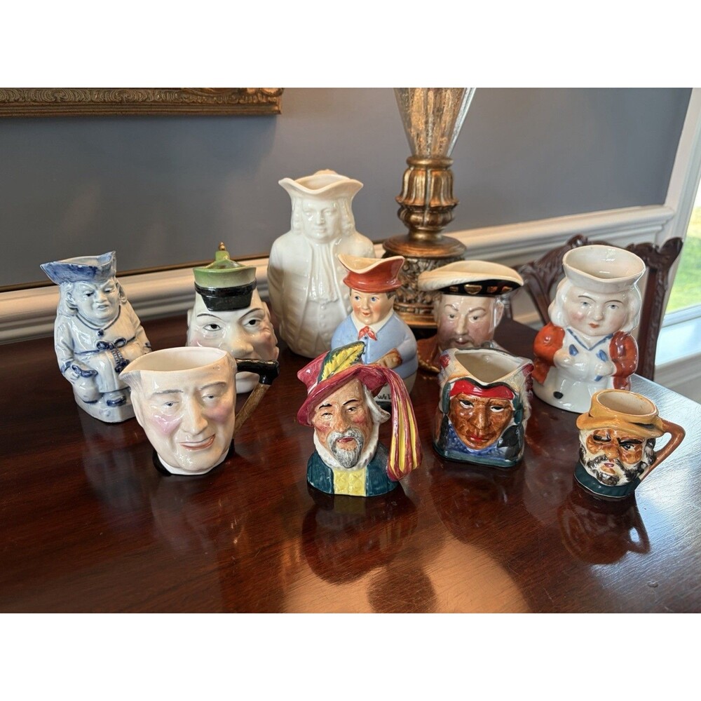 Lot of 10 Character Jugs German, Majolica, Staffordshire Antique some Rare